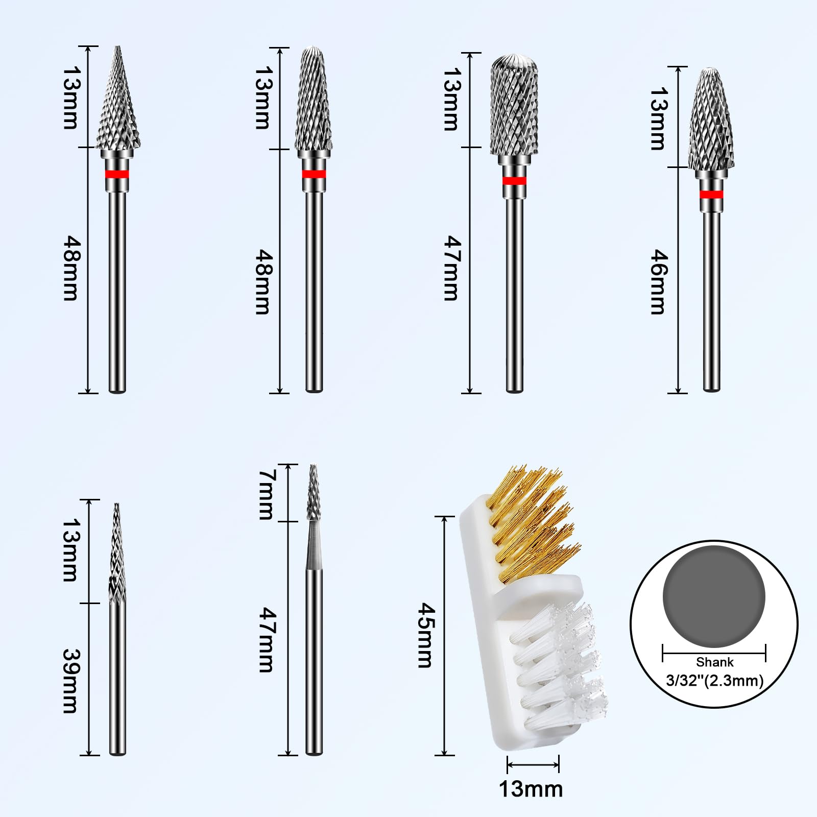 CGBE Fresas Torno para uñas, 6 piezas de carburo cabezas accesorios de la máquina para manicura quitar acrílico o gel duro polygel, 3/32 pulgadas profesional de uñas brocas torno de uñas-Roja
