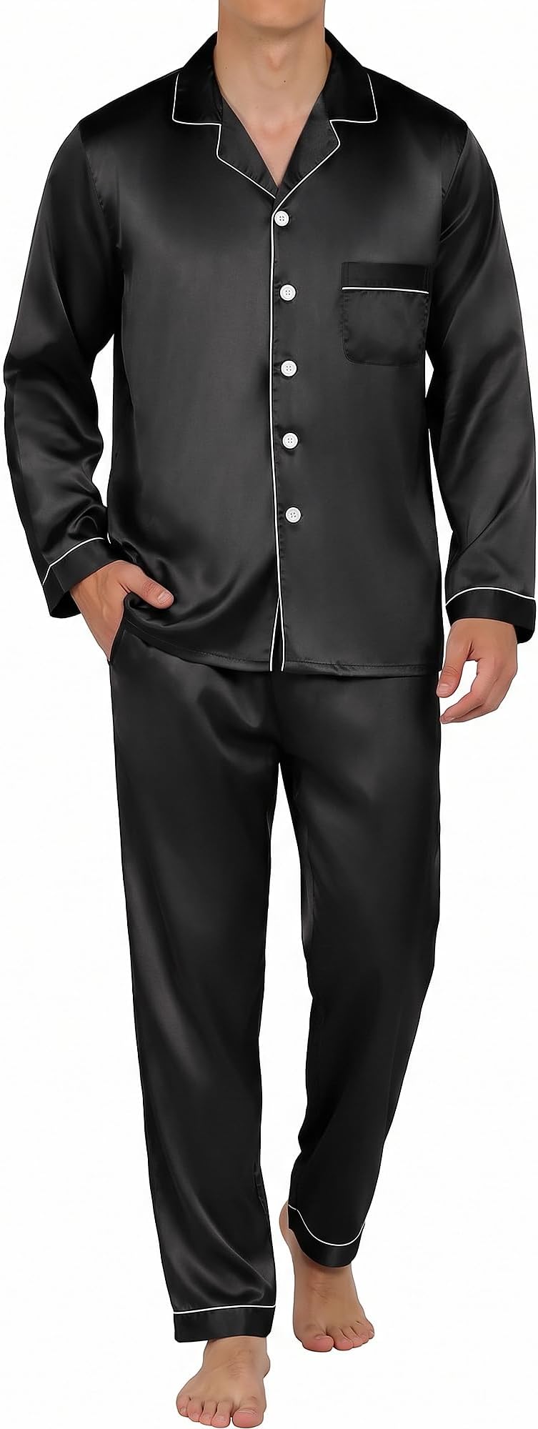 Mens Pajamas Silk Satin Pajamas for Men Soft Sleepwear Button Down Loungewear with Pockets