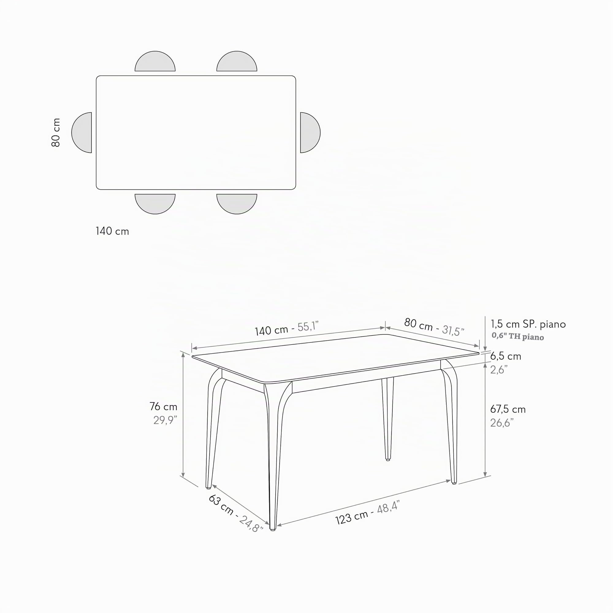 PAZZO DESIGN Tavolo Fisso Evelin, Piano Ceramica Bianco, Gambe in Metallo Nere, Cucina, Salotto, Ceramica, 140 x 80 x h76 cm - id_2299