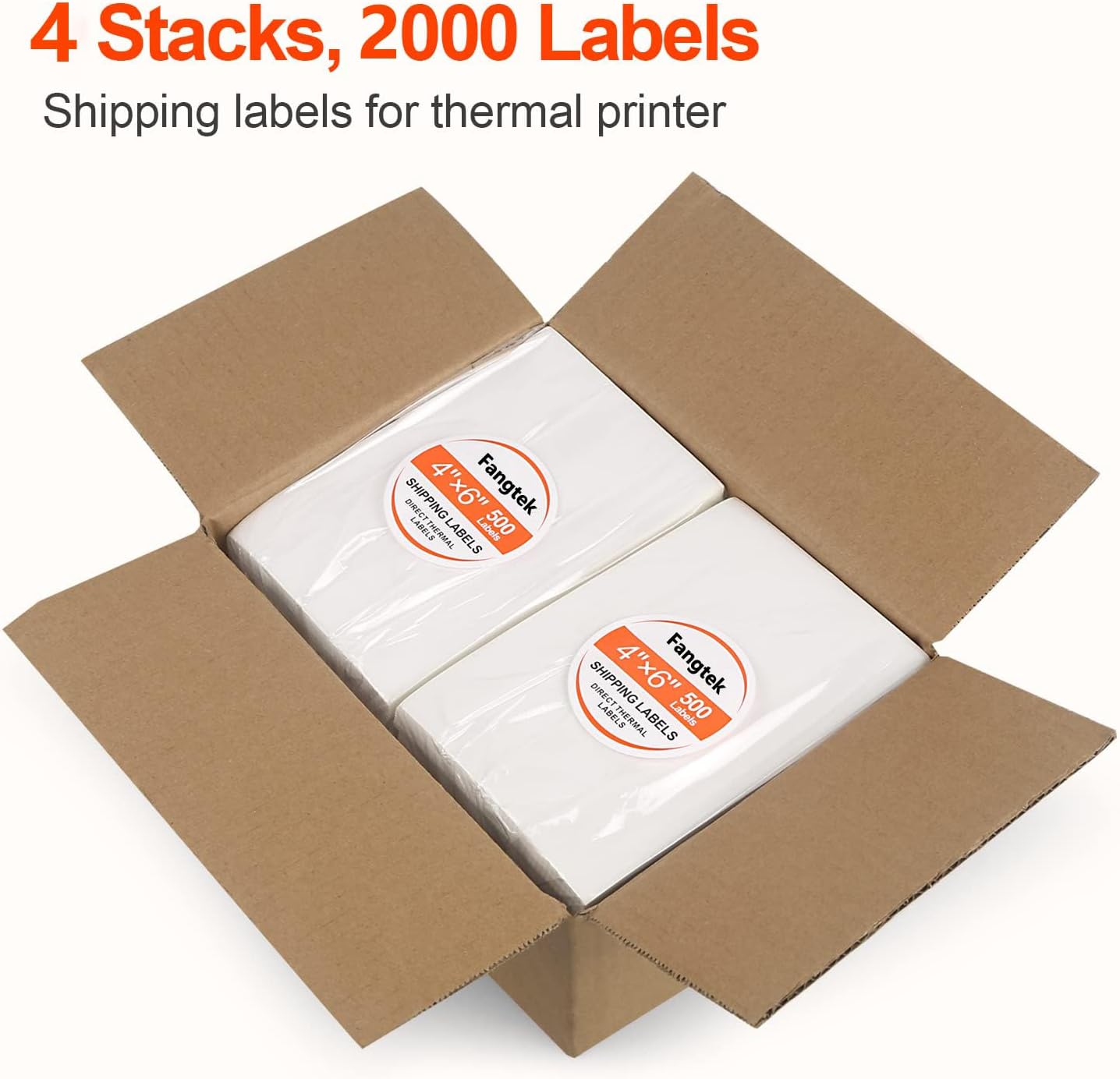 [4 Stack, 2000 Labels] Fanfold 4”x 6” Direct Thermal Shipping Labels Self Adhesive, 500 Postage Mailing Labels for Thermal Printer, Fangtek Soonmark Zebra Compatible