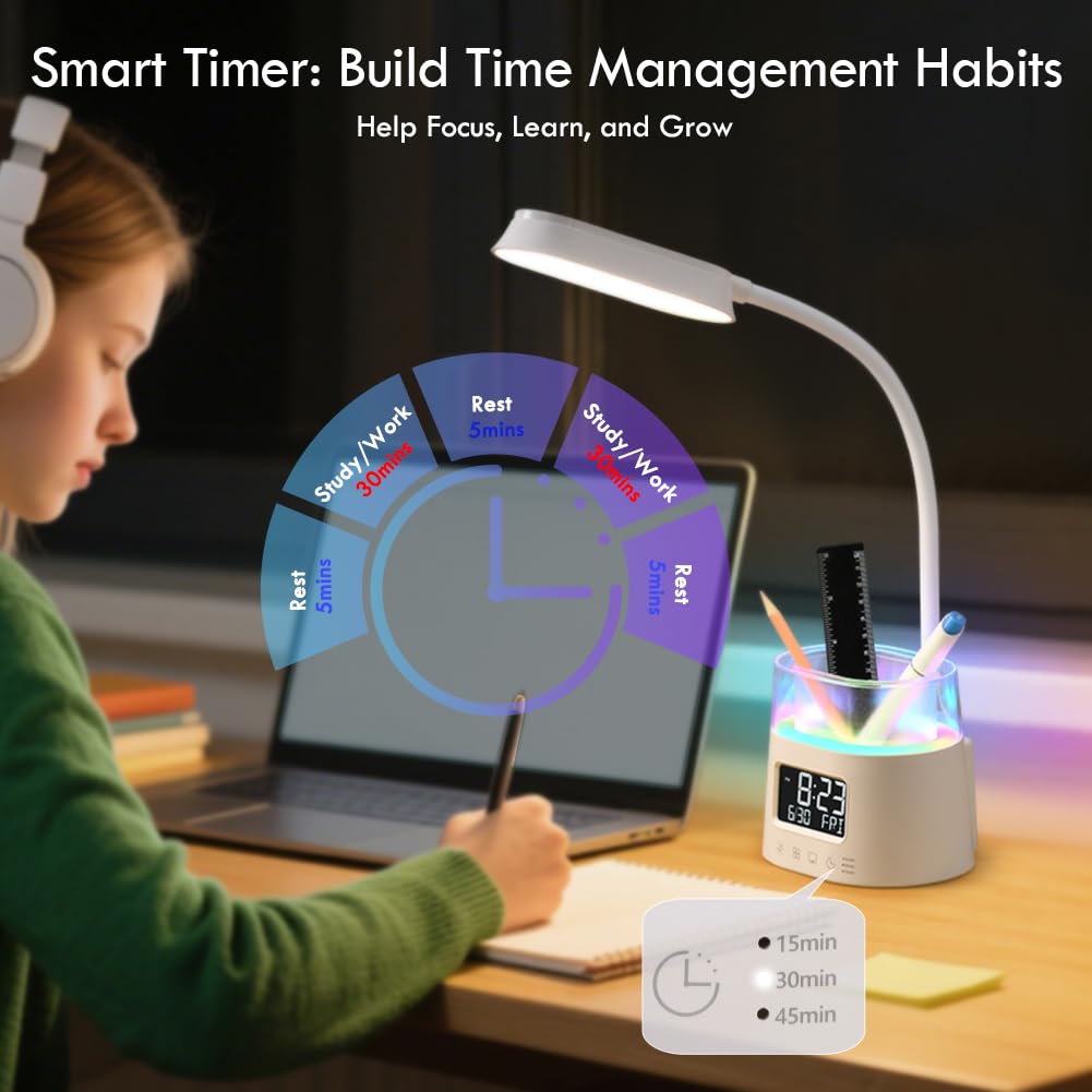 Lámparas LED de escritorio para oficina en casa con soporte para bolígrafo, lámpara de mesa para dormitorio con puerto de carga USB y reloj, luz nocturna RGB, lámpara de estudio para niños y 3