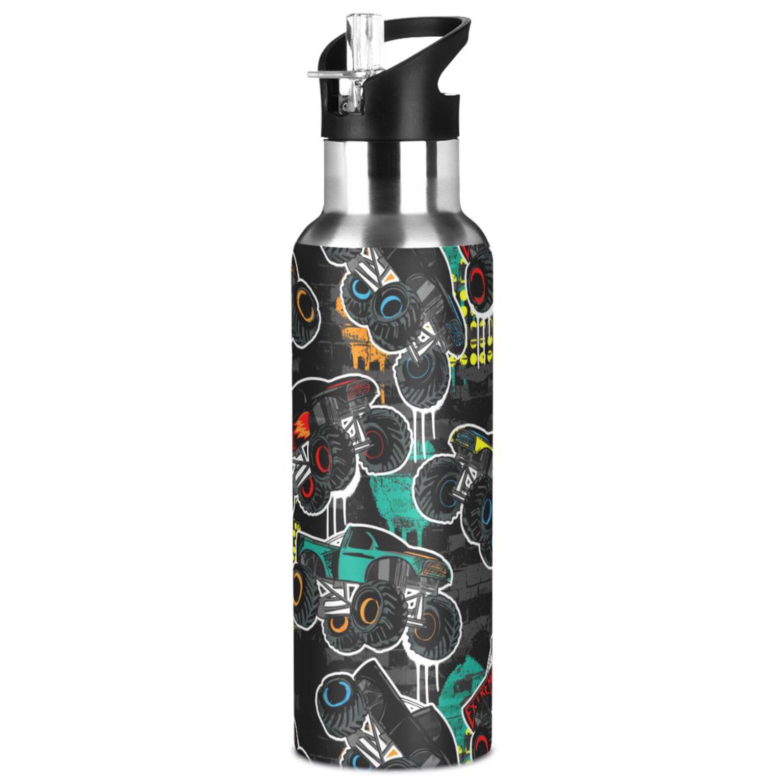 ALAZA Abstract Monster Truck Car Water Bottle with Straw Lid Vacuum Insulated Stainless Steel Thermo Flask Water Bottle 20oz