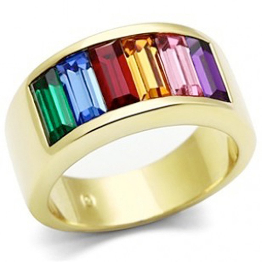 Gold Beauty Rainbow CZ Ring - Lesbian & Gay Pride Gold IP Plated Ring w/ CZ Stones. Gay and Lesbian LGBT Pride Jewelry - Gay & Lesbian Pride Stainless Steel Promise or Wedding Ring Band.