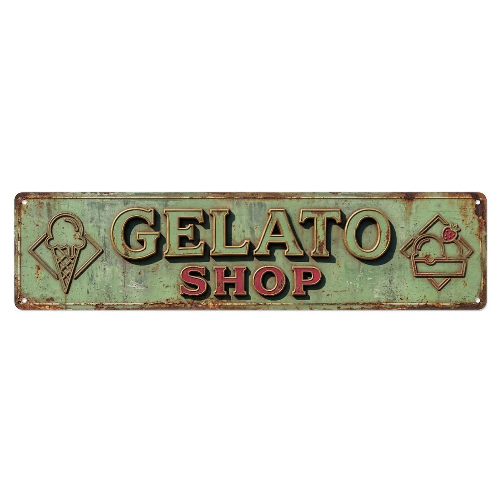 GELATO SHOP Italian Frozen 1 Metal Tin Skinny Sign Plaque Wall Decor for Cafe, Club Bar, Office, Home Garden Metal Poster 4x16Inch
