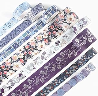 YUBX Elegance Blue Washi Tape Set 8 Rolls Wide Silver Embellishment Decorative Masking Tapes for Arts, DIY Crafts, Journals, Planners, Scrapbook, Wrapping