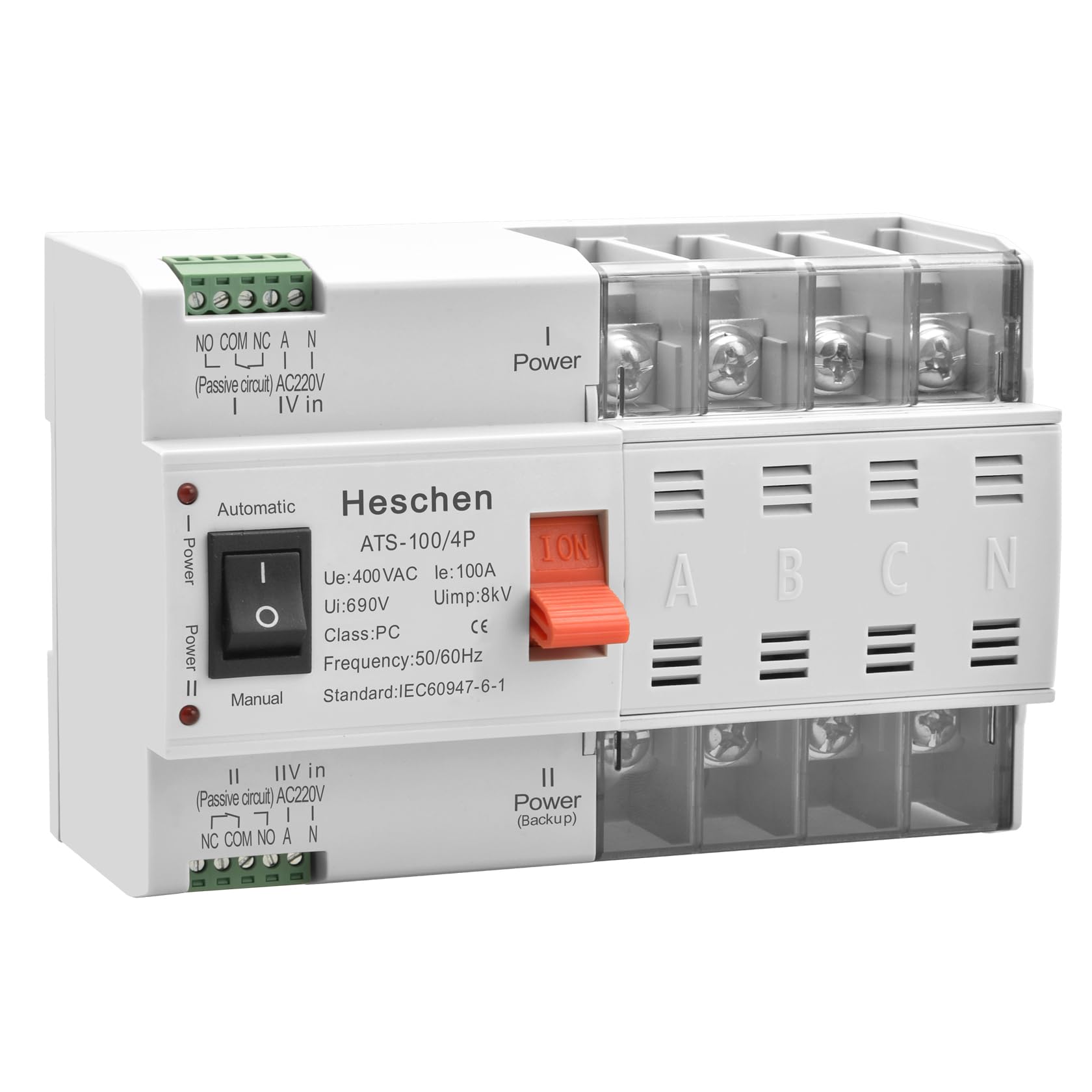 Heschen ATS Doppelstrom-Automatikumschalter, ATS-100 4P 100A, 400 VAC, 8kV, PC-Klasse, automatisch/manuell, für die Umschaltung von Stromkreisen