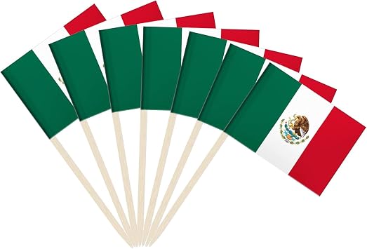 100 Pack Mexico Toothpick Flags, Small Mini Mexican Flag Toothpicks Cocktail Picks with Wooden Sticks, Cupcake Toppers for Food Party Decoration Celebration and Events
