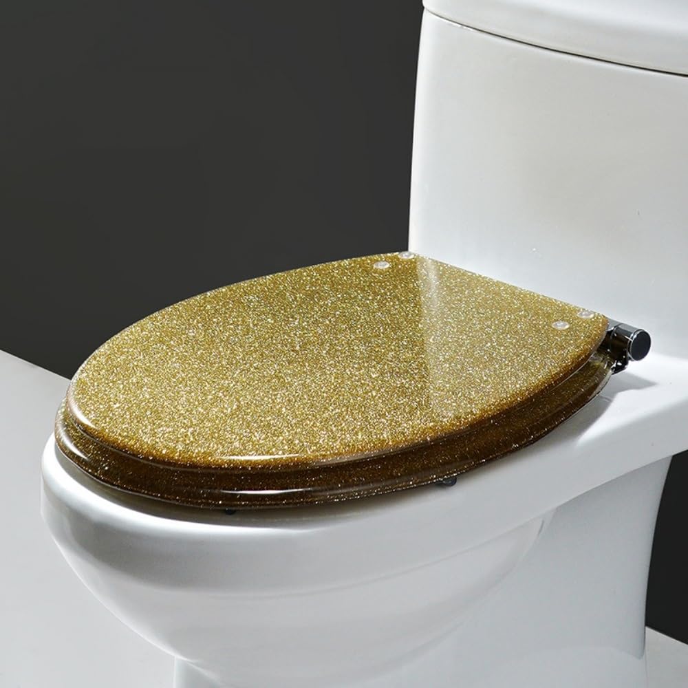 Soft-Close Resin Toilet Seat, Gold Glitter Seat with Steel Hinges(Gold)