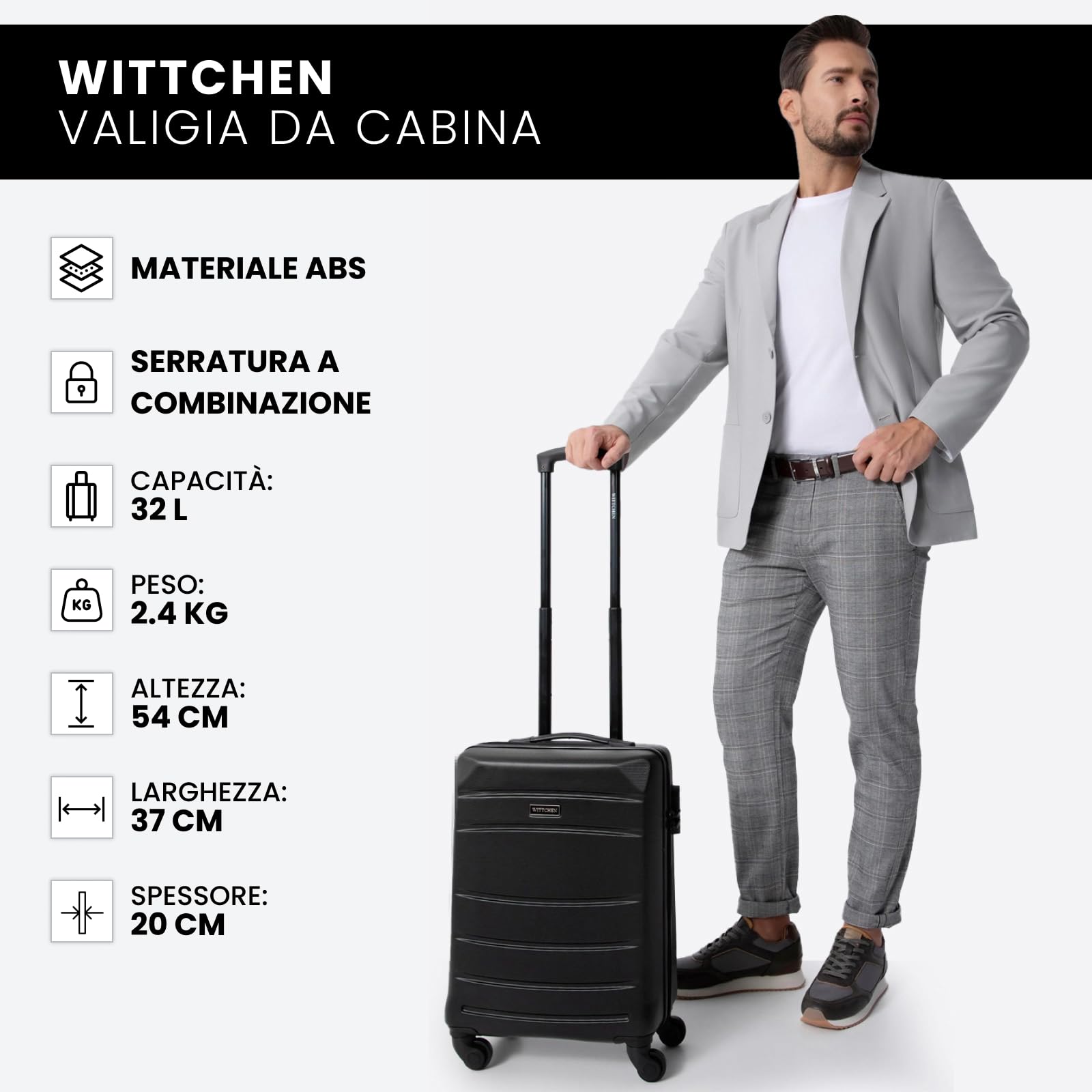 WITTCHEN Valigia da viaggio Bagaglio a mano Valigia da cabina Valigia rigida in ABS con 4 ruote girevoli Serratura a combinazione Maniglia telescopica Globe Line Taglia S Nero Ryanair/ITA Airways