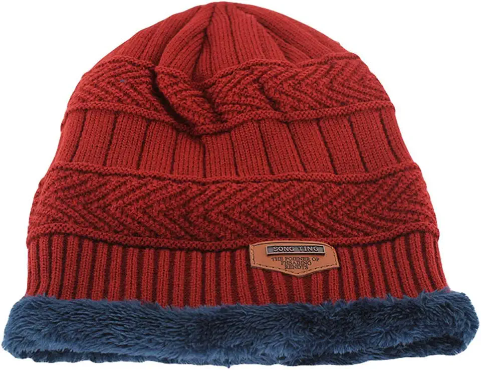 Gorro masculino de tricô KesYOO de crânio de inverno com forro de lã grossa e despojado (cinza escuro), Vermelho, tamanho �nico
