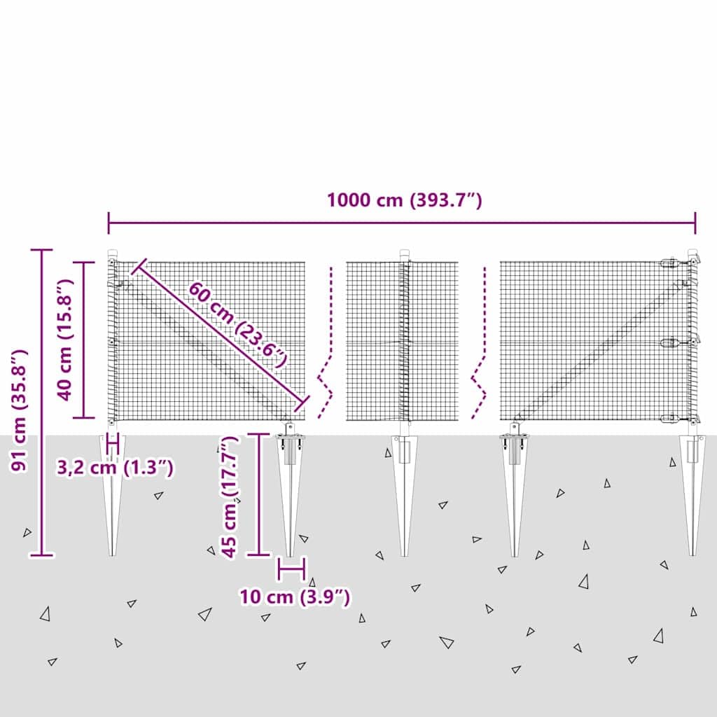 vidaXL Recinzione in rete saldata con punte 10 x 0,4 m Grigio Rete