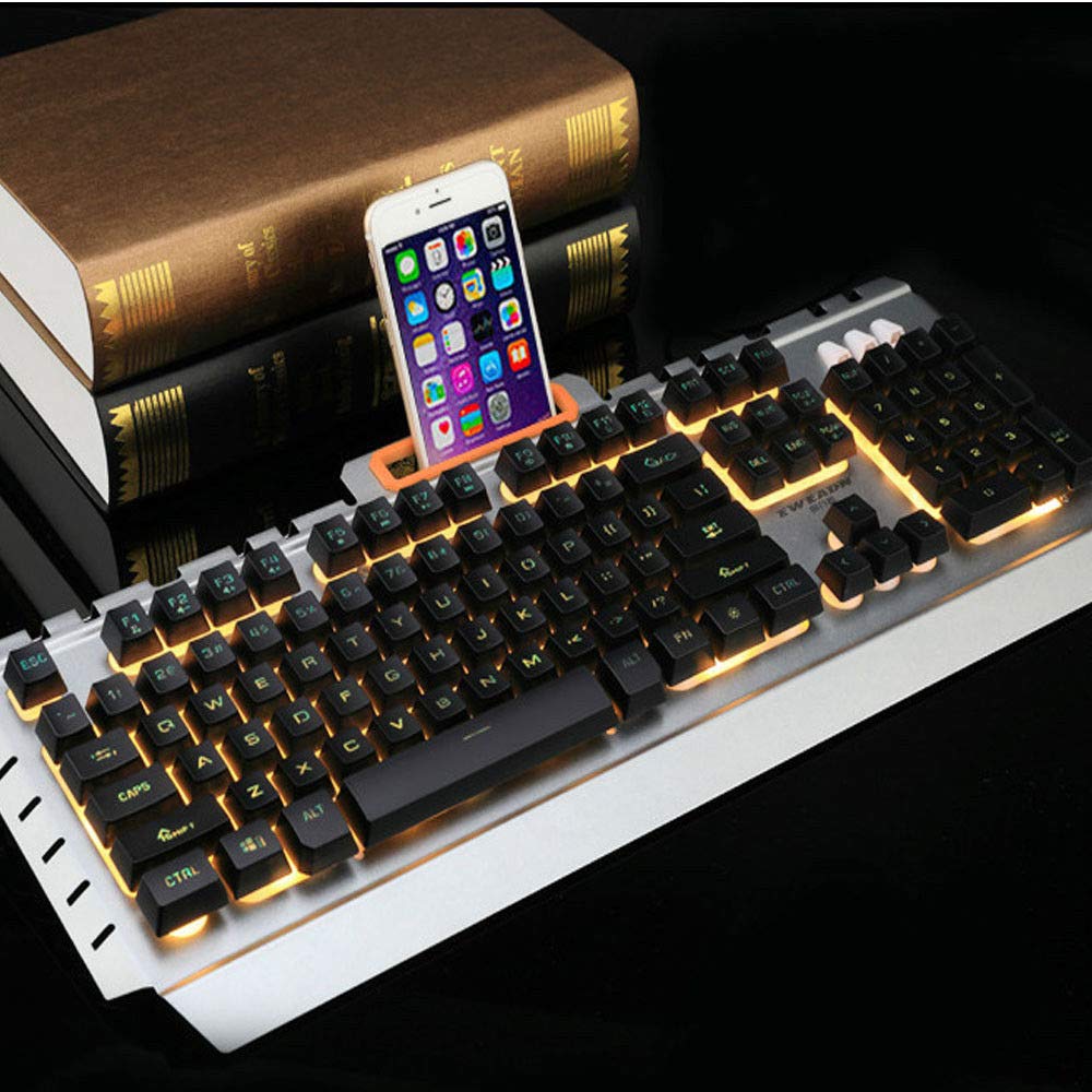 Tastiera cablata Retroilluminata a LED USB Tastiera da gioco ergonomica Gamer con supporto per telefono Nero/Arancione Retroilluminato