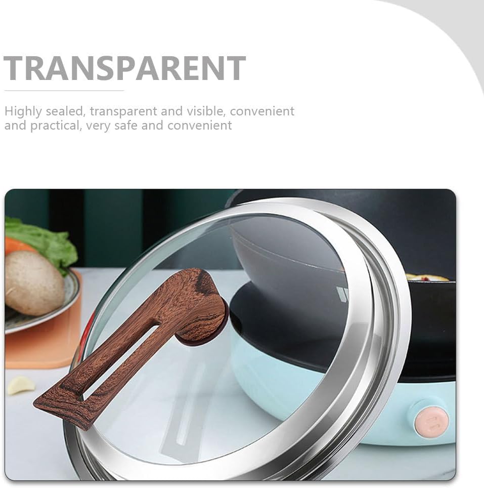 YARNOW 13.4 Inch Anti-Spill Wok Lid with Transparent Glass Cover and Stainless Steel Frame Wood Handle Pot Lid for Cooking and Food Storage Fits 34Cm Woks