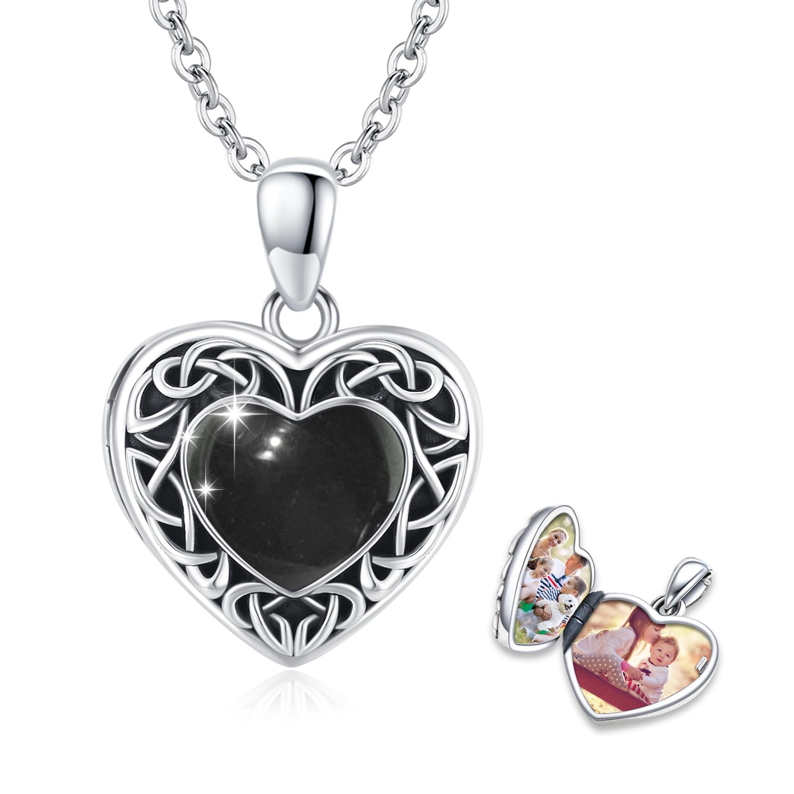 Locket Necklace for Women 925 Sterling Silver Celtic Locket Pendant Necklace Moonstone/Turquoise/Black Agate Heart Shaped Locket Necklace Jewelry Gifts for Women