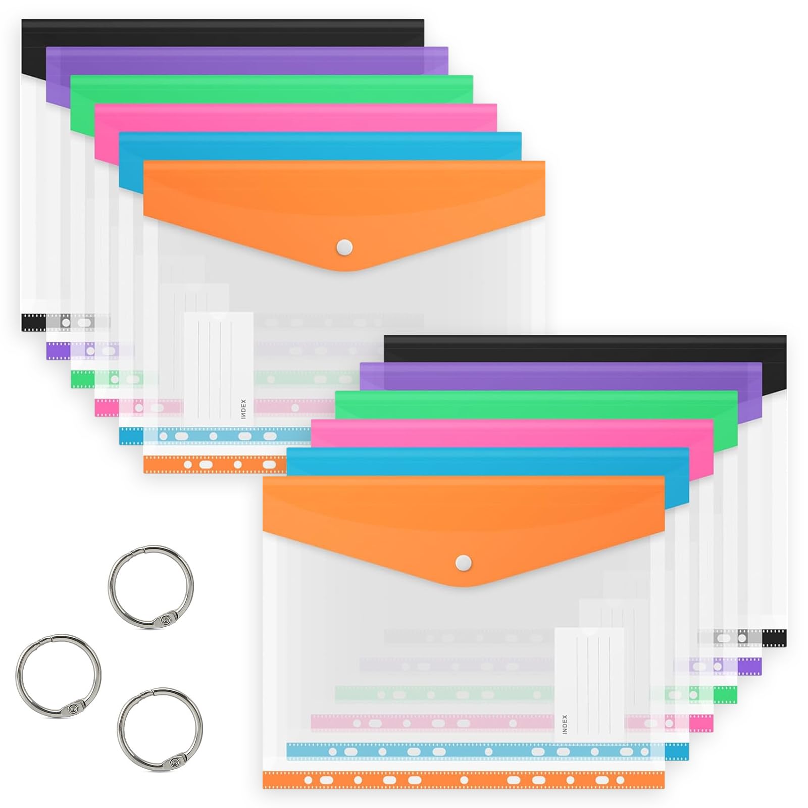 12 Pack Punched Pockets Plastic Wallets, A4 Colourful File Folders and Label Pocket with 3-Ring Binders Plastic Folders Set for School, Office, Home