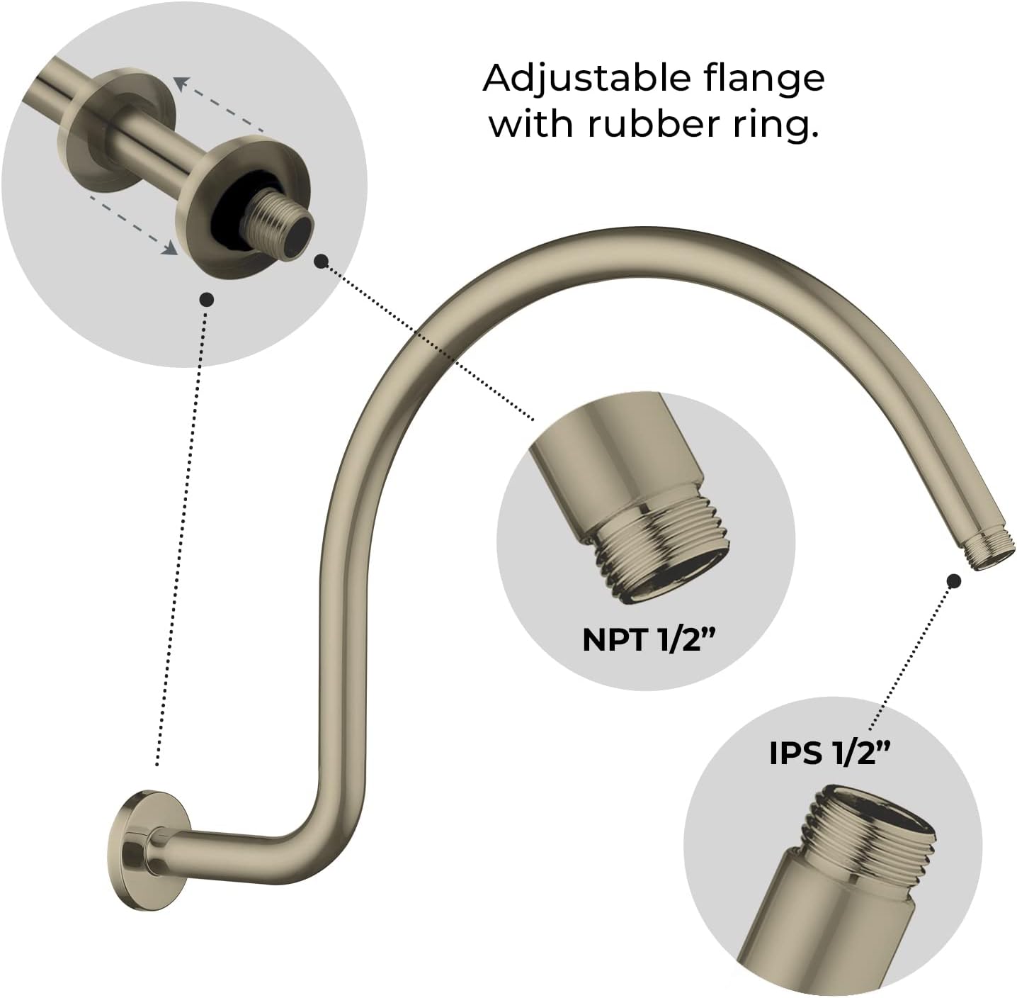 SparkPod 17 Inch Shower Arm with Flange - Solid Stainless Steel Shower Head Extension Arm, Wall-Mounted - Teflon Tape Included (High Rise Gooseneck 17", Elegant Brushed Nickel)