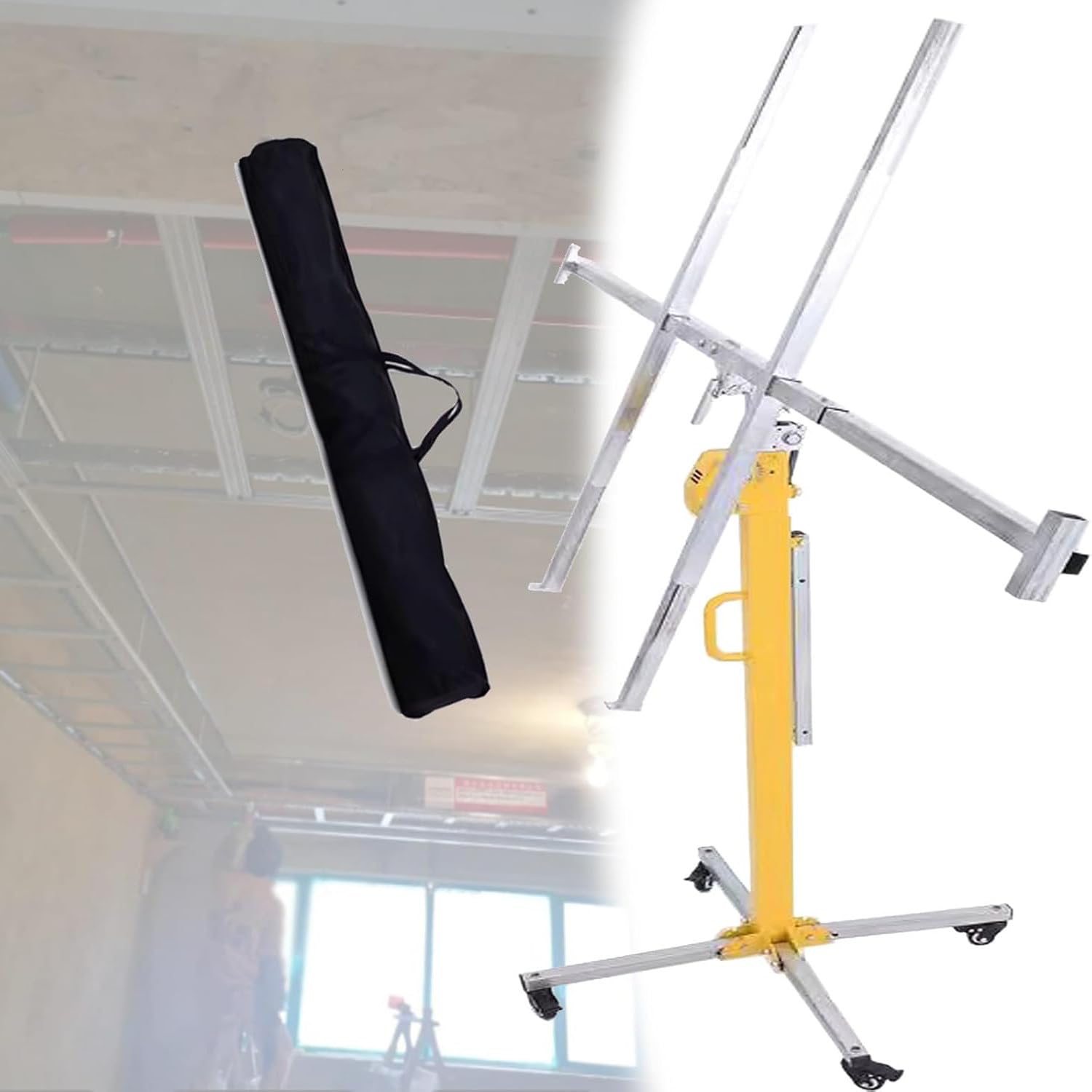 Sollevatore per cartongesso regolabile per installazione professionale, struttura in acciaio zincato con base antiscivolo e ruote di bloccaggio, ideale per progetti fai da te e edilizia