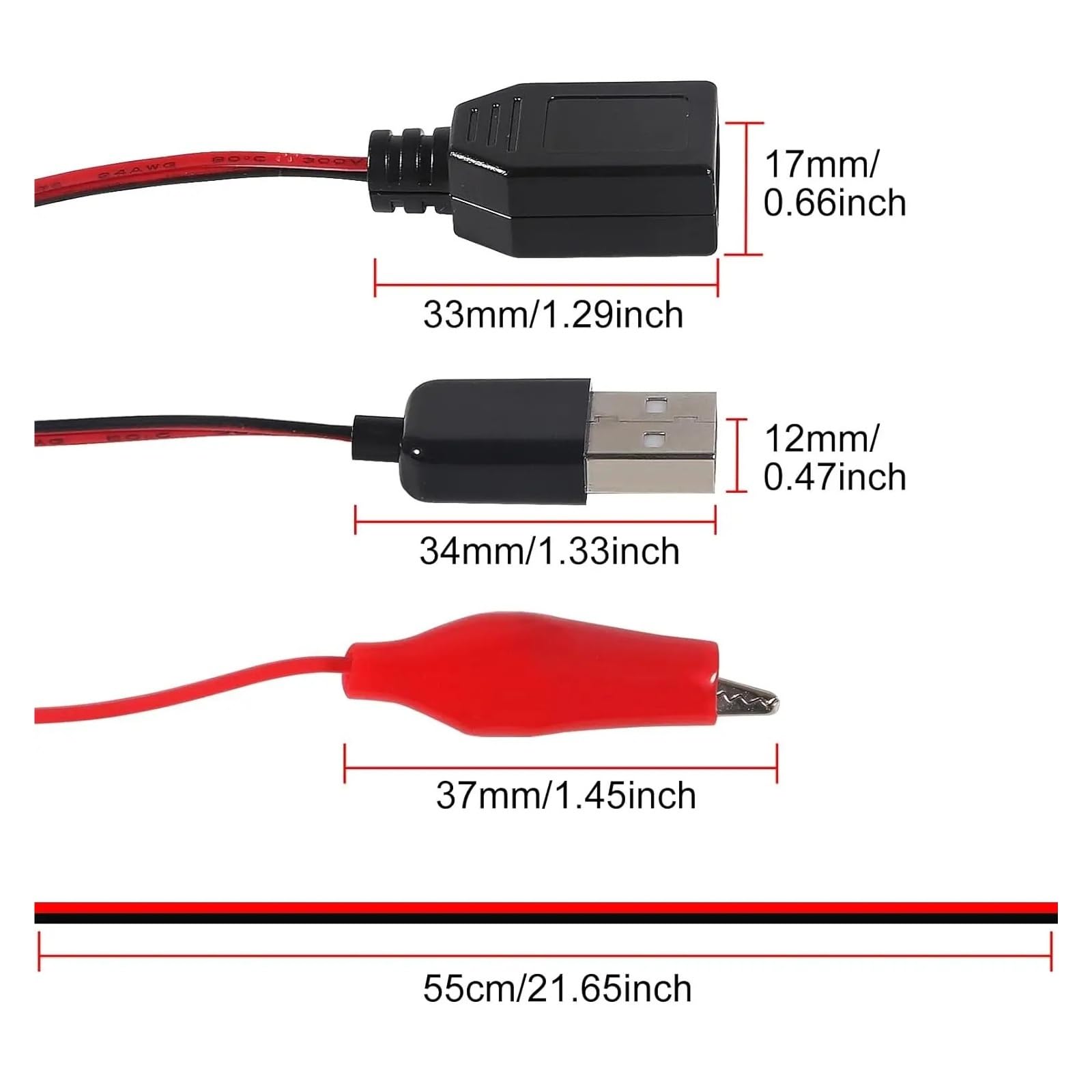USB A do Crocodile Clip Test Cable 58 cm Red Black 2-Pack