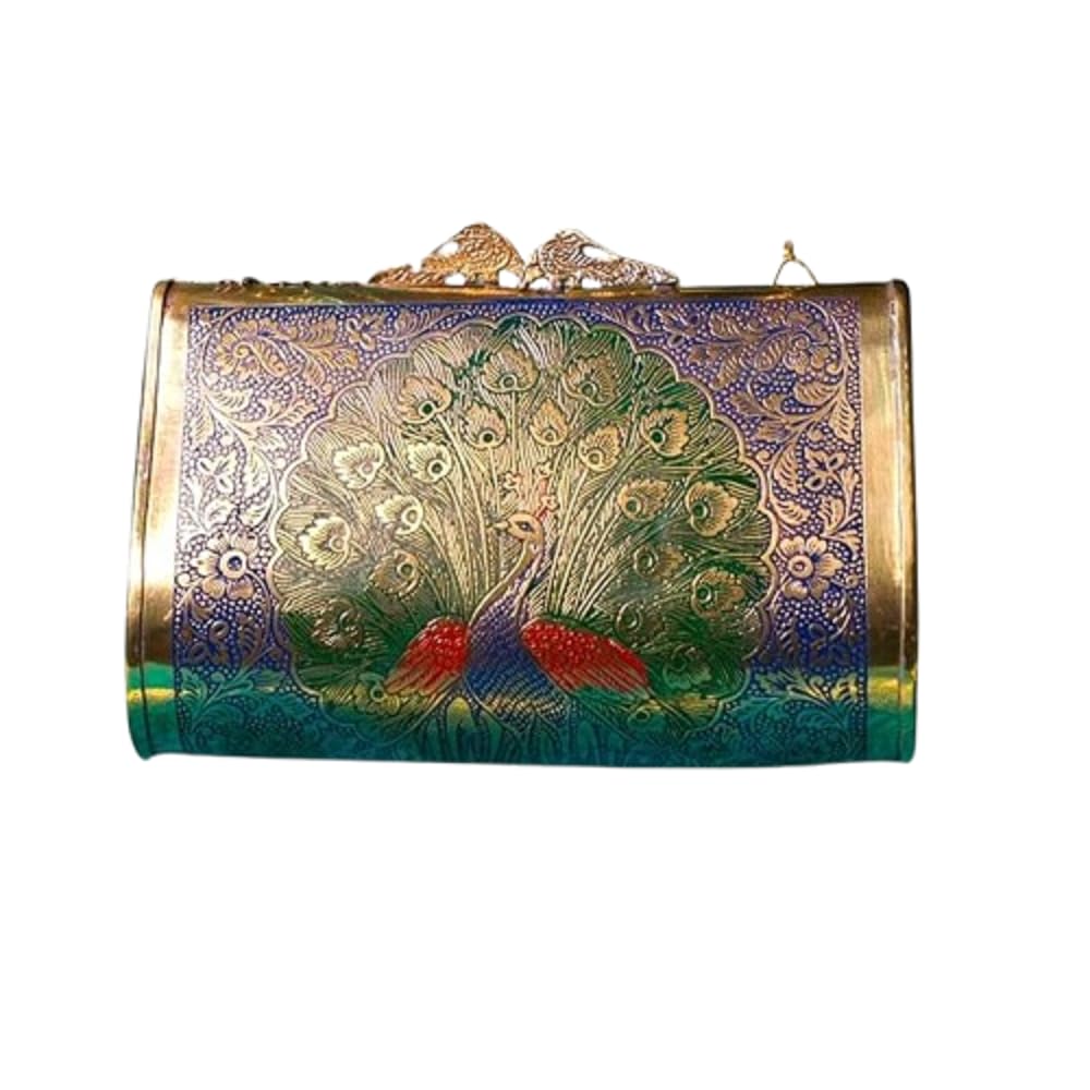 Peacock Engraved Brass Clutch for Women, Antique Vintage Handbag with Velvet Lining – Elegant Ethnic Party and Wedding Accessory-image-31