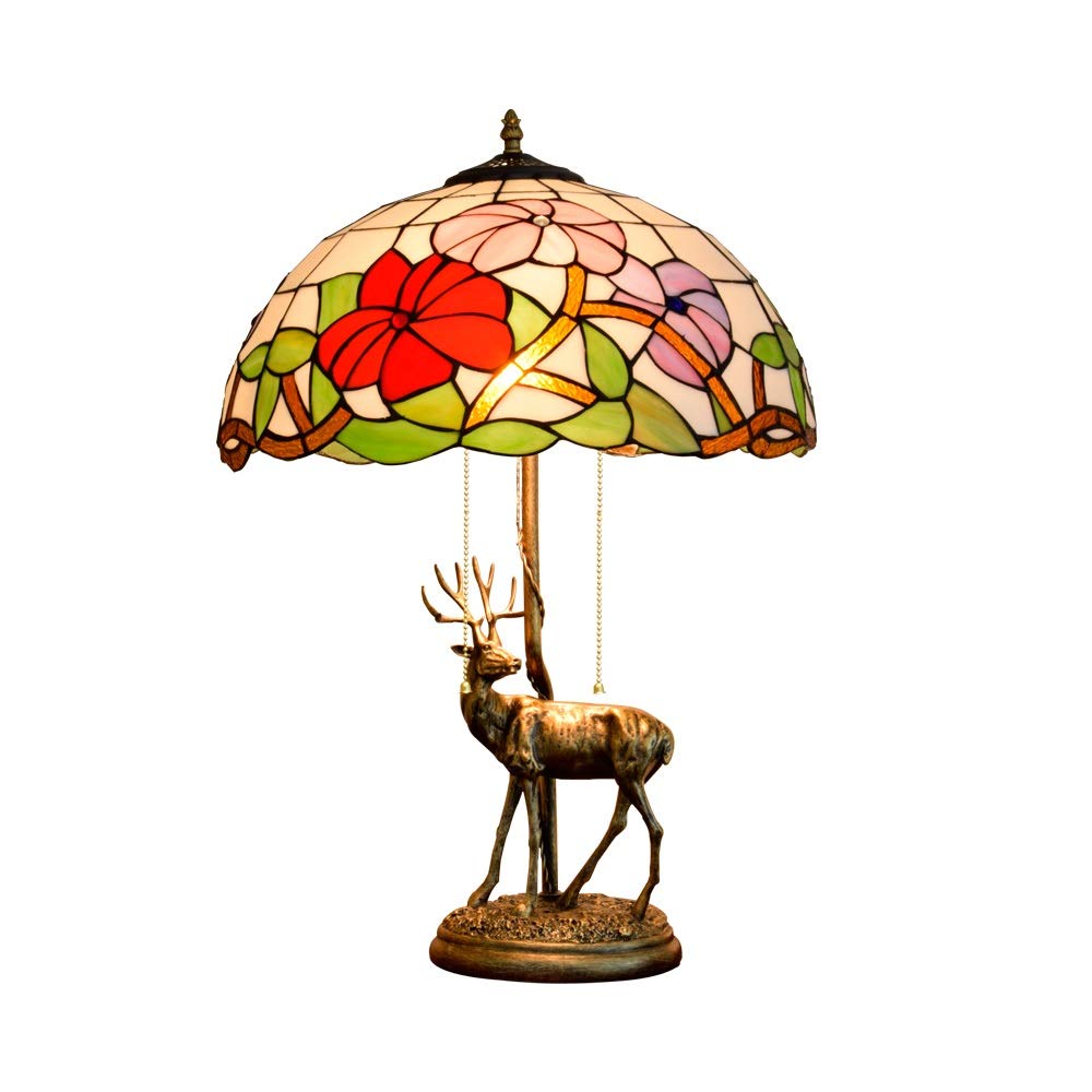 Aioneer 16 Inch Tiffany Stained Glass Table Lamp American Style Elk Base Creative Morning Glory