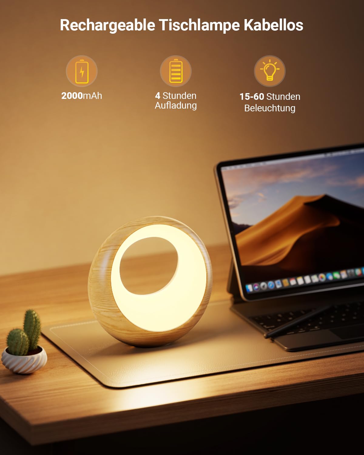 Bonsery Set di 2 lampade da comodino con telecomando e touch, dimmibili, rotonde, cambio colore e 9 modalità, batteria USB, luce notturna bianca calda, memoria e timer
