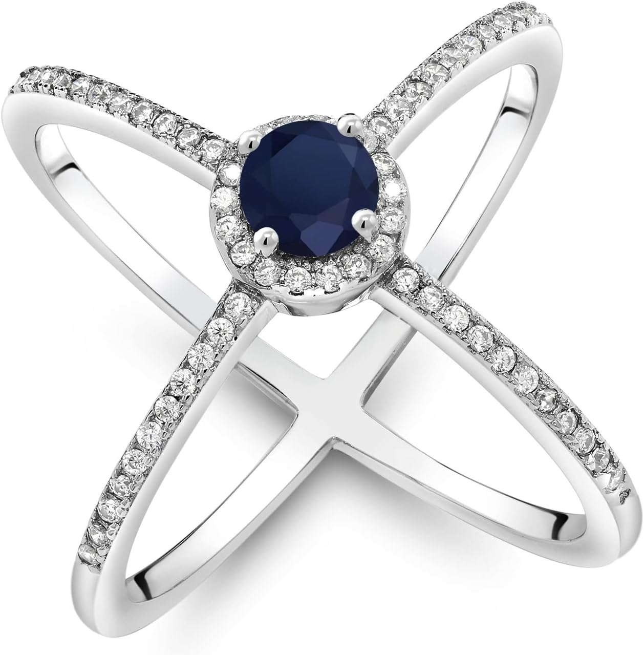 Gem Stone King 925 Sterling Silver Blue Sapphire Women Criss Cross X Ring For Women (1.42 Cttw, Round 5MM, Gemstone Birthstone)