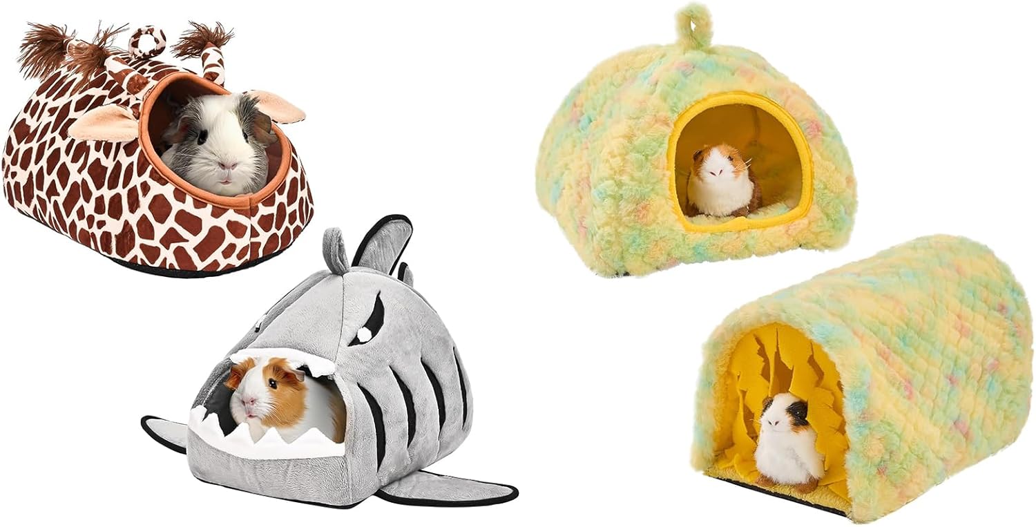 Avont 2 Pack Guinea Pig Bed House Hideout Bundle with 2 Pack Guinea Pig Hideout Bed and Tunnel Toys Set with Curtain