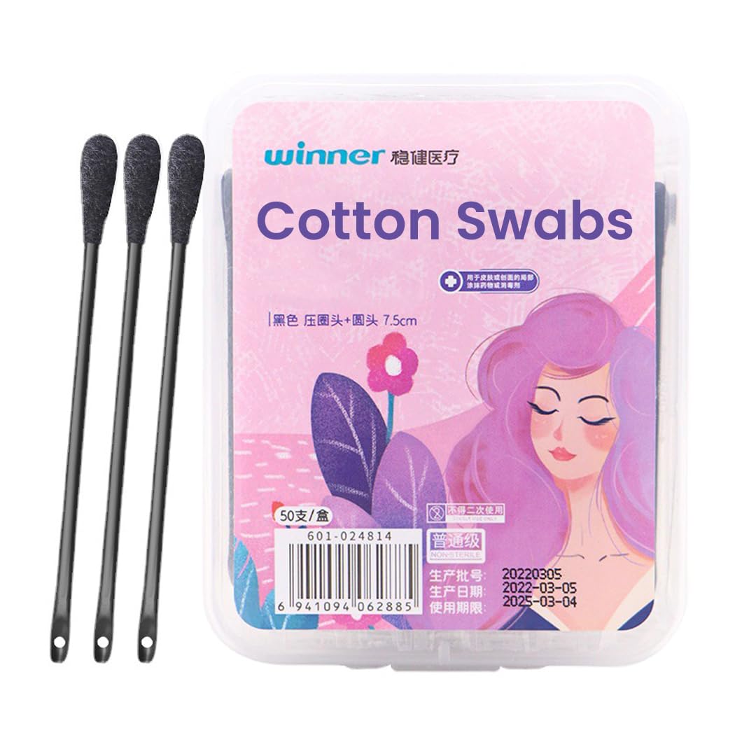 TENETOP Cotton Swabs - 50 Pcs Individually Packaged, Black, 7.5cm for Ear Wax Removal, Blackhead Extractor, and Pimple Extraction
