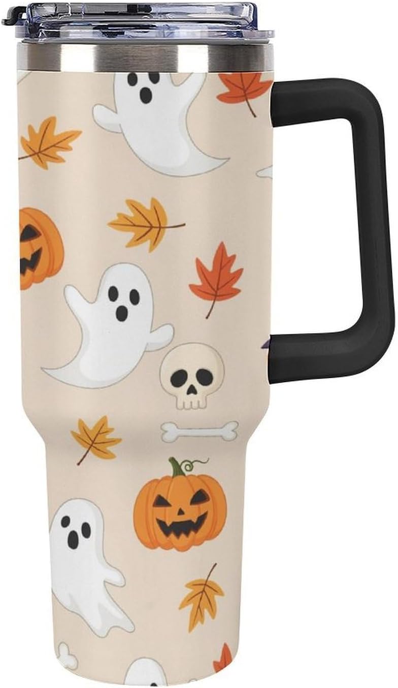 Large Capacity Car Cup 40 Oz Halloween Dog Ghosts Stainless Steel Travel Tumbler Coffee Mug Insulated Bottles Tumbler with Lid And Straw Leak-Proof