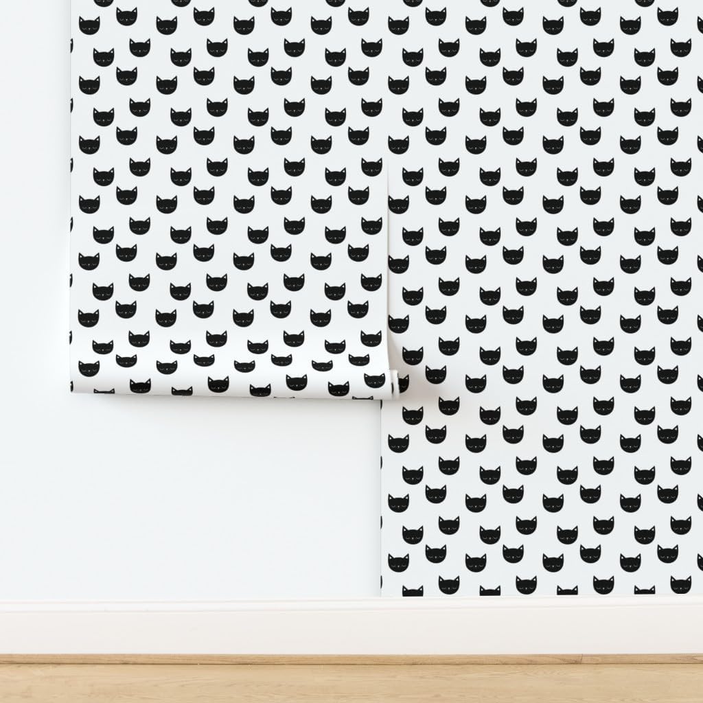 Peel & Stick Wallpaper Swatch - Kitties Cats Animal Black Kids White Monochrome Cat Kitten Head Pet Custom Removable Wallpaper by Spoonflower