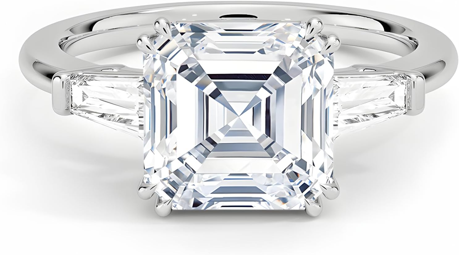 Moissanite Engagement Rings for Women, 3 Stone Asscher Cut D Color VVS1 18K White Gold Plated S925, Cut Lab Created Diamond Wedding Promise Ring