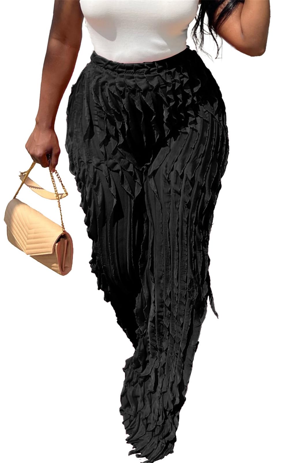 Qikaka Womens High Waits Bodycon Wide Leg Solid Ruffles Sexy Nightclub Party Pants
