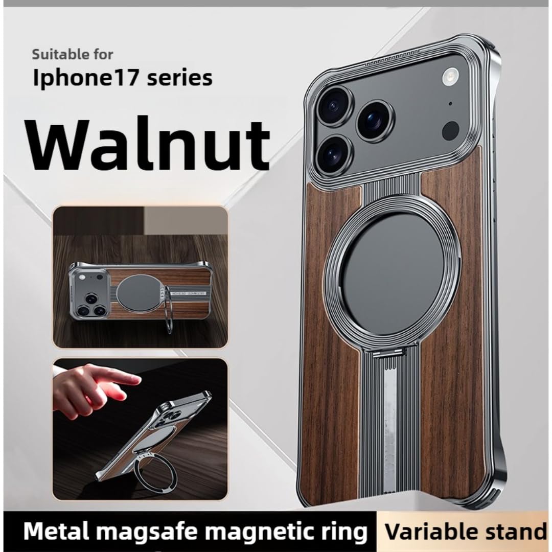 Etui magnetyczne do ładowania iPhone'a 17 Pro, bezramkowe, solidne, z metalową podstawką (do iPhone'a 17 Pro/drewno orzechowe)