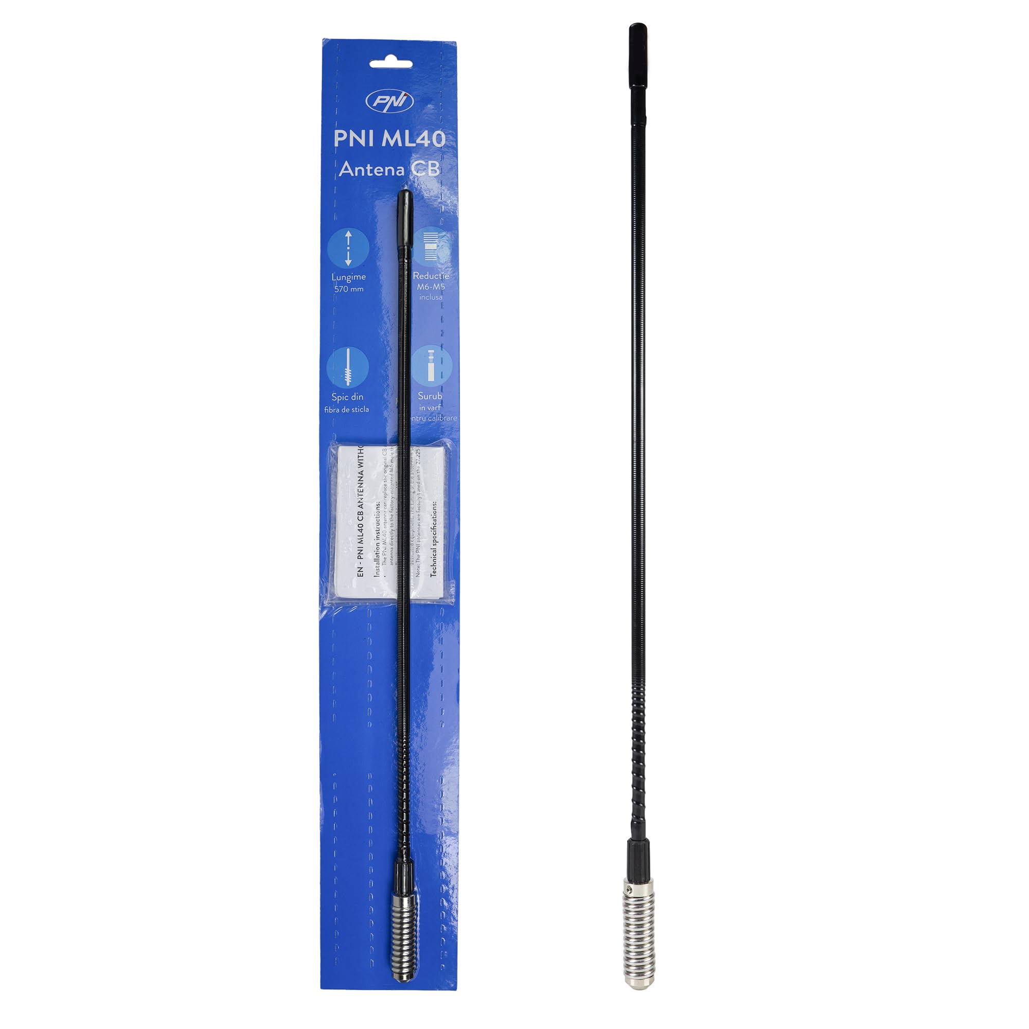 Antenna CB PNI ML40 57 cm con adattatore maschio-maschio M6-M5
