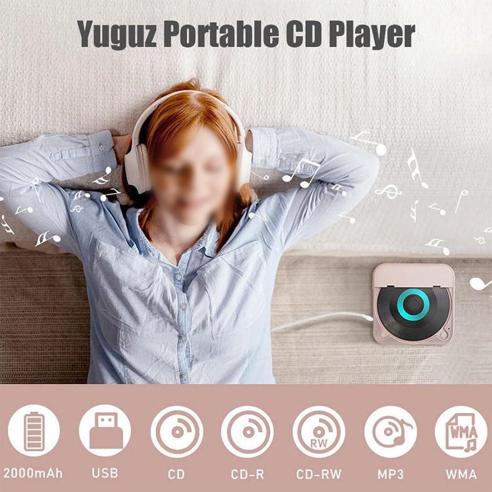 Fi Reproductor de CD portátil, funciona con batería recargable, reproducción de música inalámbrica y con cable, diseño compacto y ligero para viajes en casa