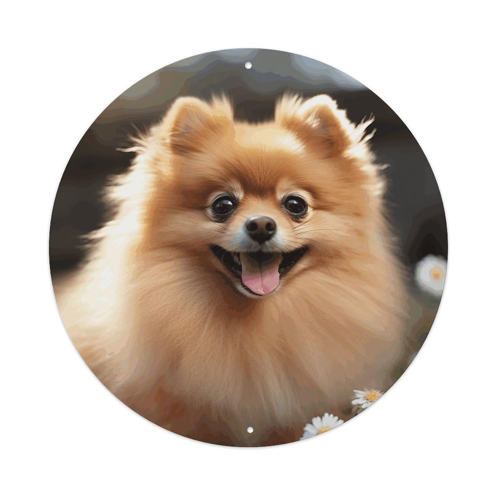 LZQPOEAS Pomeranian Dog Round Aluminum Wall Art Sign, Metal Indoor Wall Decor with Holes, Durable Circular Aluminum Plaque for Home, Bar, Cafe, Living Room, And Office Decoration