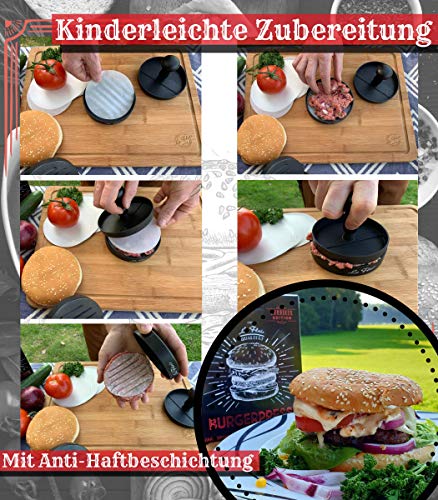 Le Flair® Alu Burgerpresse aus hochwertigem Aluminium - Hamburgerpresse mit Aufbewahrungstasche - Burger Patty Presse inkl. 50 Blatt Backpapier - Perfektes Grillzubehör Geschenk für Männer schwarz 5