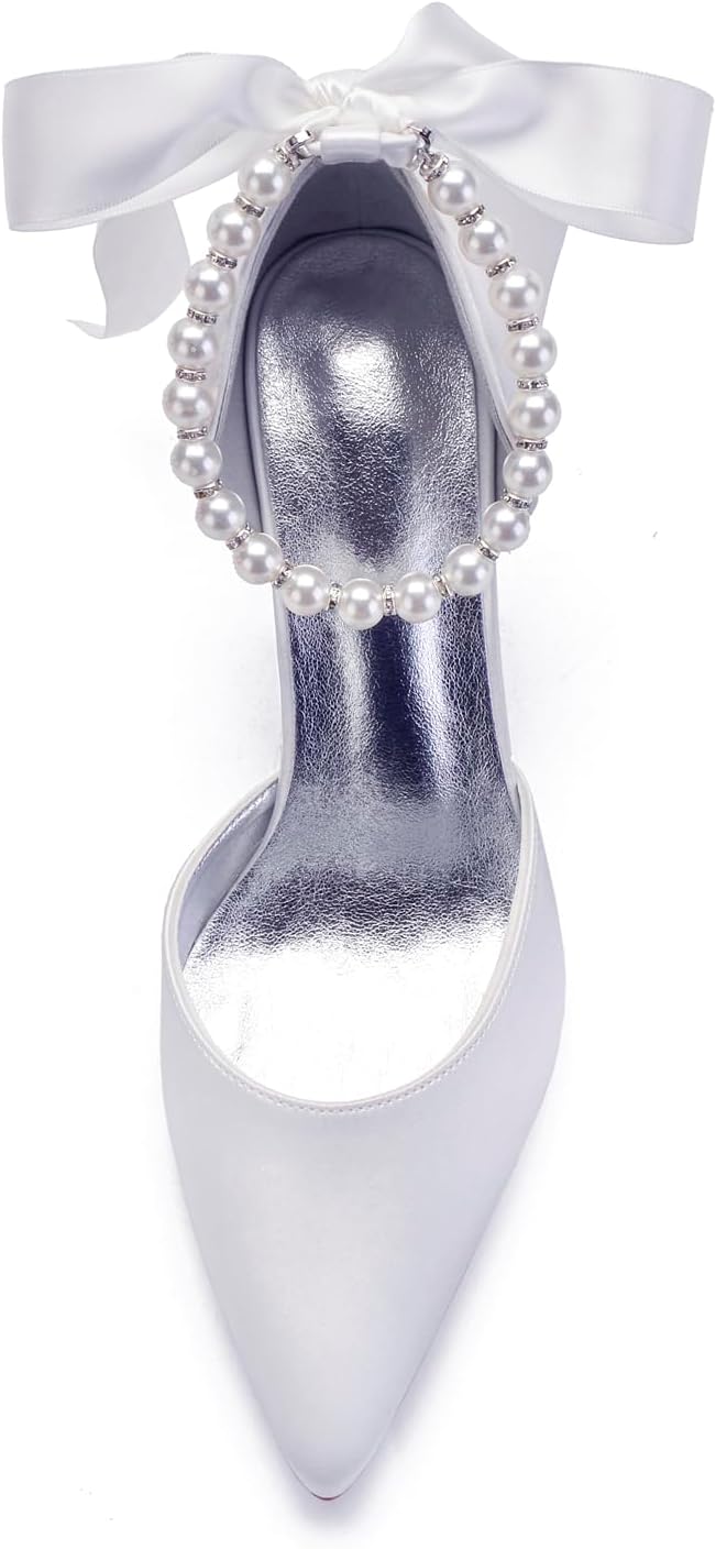 Women's Pearl White Wedding Shoes for Bride High Heels Pointed Toe Bridal Shoes Satin Prom Party Dress Pumps Sandals - Image 3
