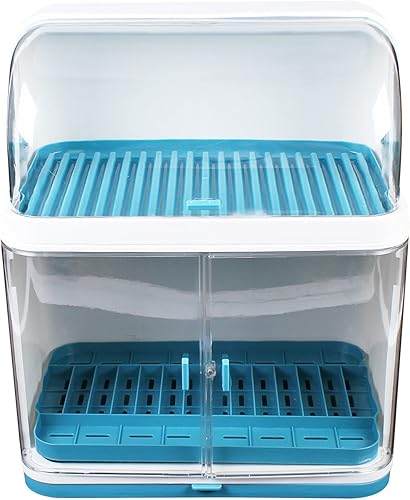 Miniatura 9 de Escurridor de platos de 2 niveles, tabla de drenaje con tapa, cubierta transparente contra el polvo para platos de cocina, vasos, bandeja de