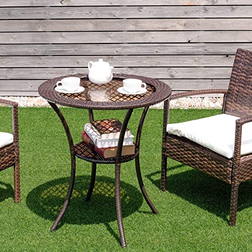 LUARANE Outdoor Patio Wicker Coffee Table - 25” Round Tempered Glass Top with Lower Shelf for Your Backyard, Lawn, Balcony, or Poolside - Image 2