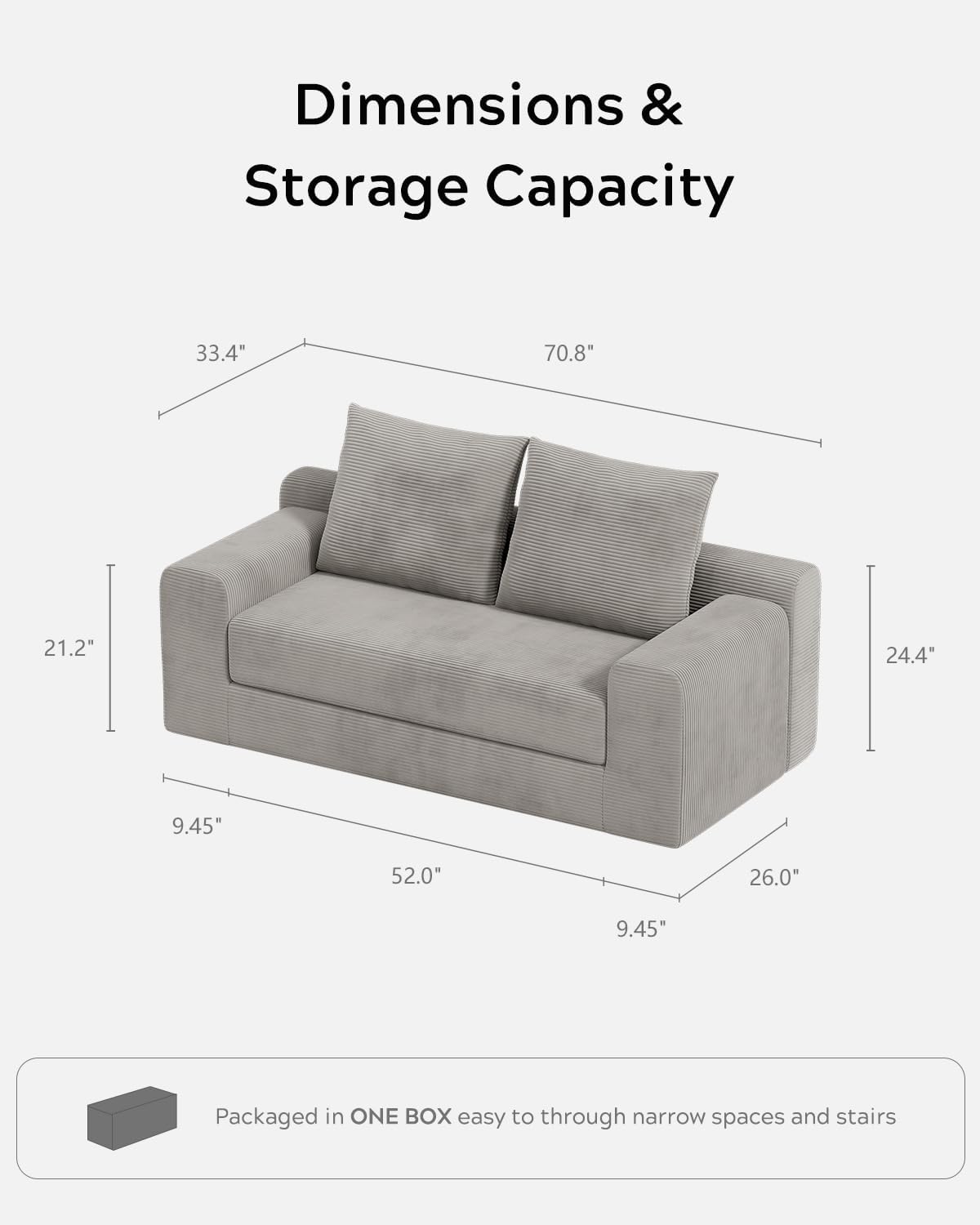 EYYTHUNG Modern Loveseat Sofa for Living Room, 71" Cofy 3-Seater Couch Pull Out Sofa Bed with 2 Pillows, Corduroy Boneless Convertible Couch for Small Space, Apartment, Grey