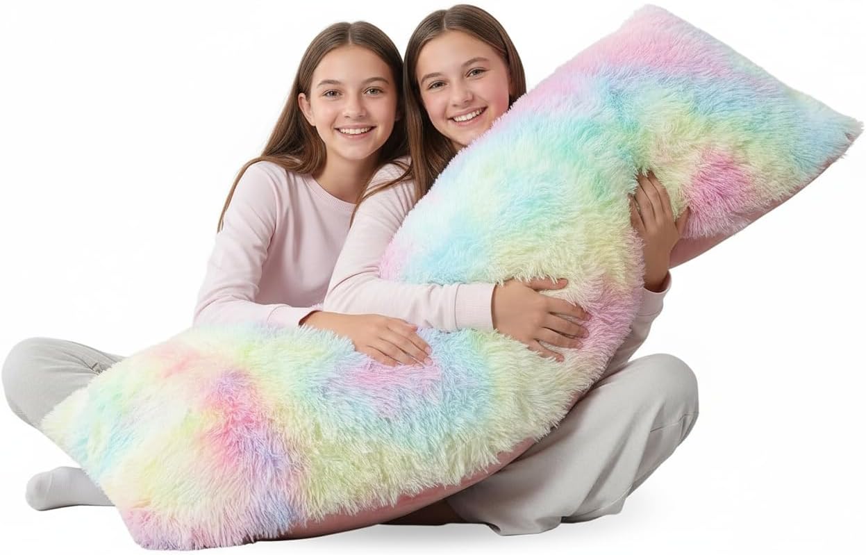 ZonLi Fluffy Faux Fur Rainbow Body Pillow, 20x54 Long Pillow for Girls & Kids & Adults, Side Sleep Body Pillow with Washable Cover,Room Decor & Gift