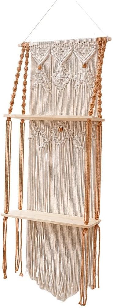 Floating Shelves Bohemian Wall Shelves Hanging Shelf Storage Rack Cotton Rope Hand Woven with Wood Double Tier Design Suitable for Home Decor wall image 5