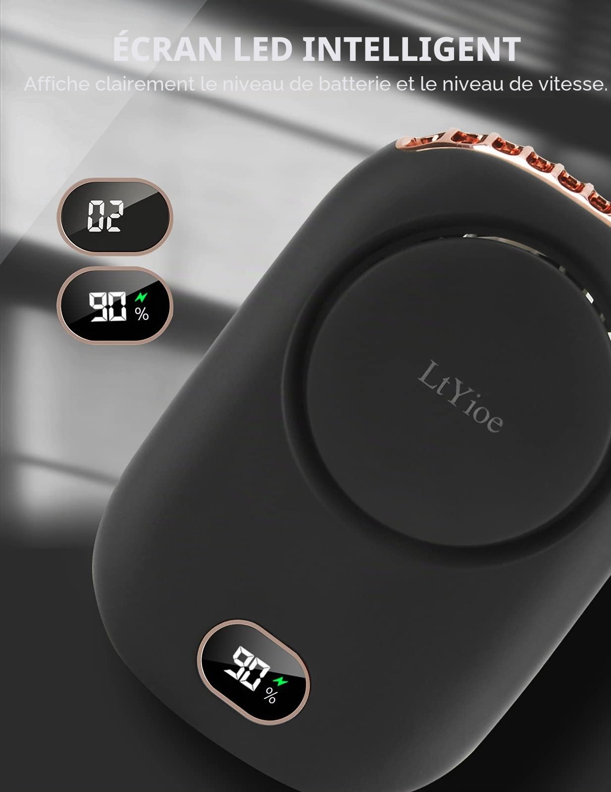 LtYioe Mini ventilateur portable USB avec 3 vitesses réglables, multifonctionnel, batterie rechargeable et écran LED pour voyages, maison, extérieur, bureau (noir)