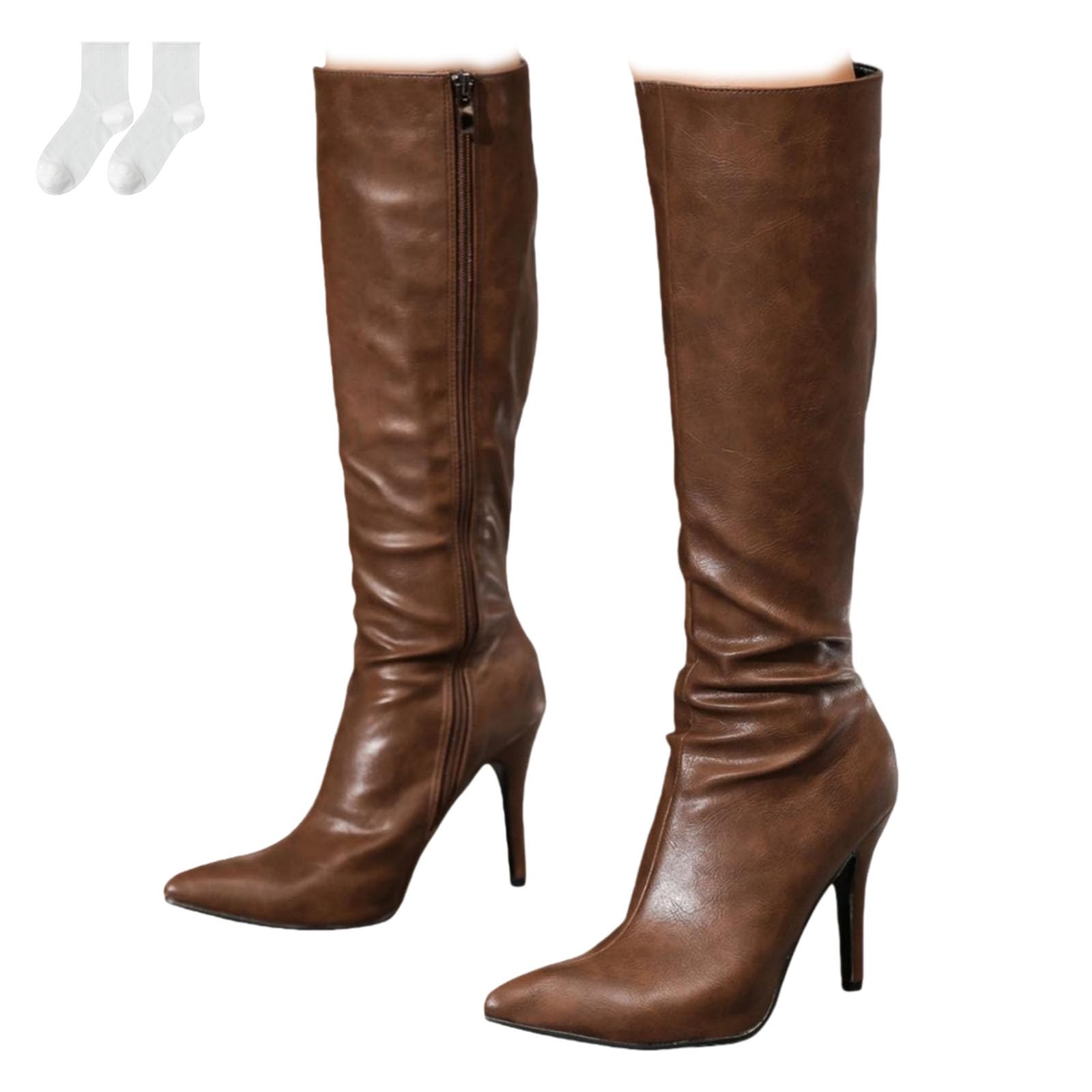 Botas Altas Hasta La Rodilla Para Mujer Con Tacón De Aguja, Botas Elegantes De Tacón Alto Con Punta Afilada Efecto Piel, Caña Ancha Y Cremallera Lateral Para Uso Diario