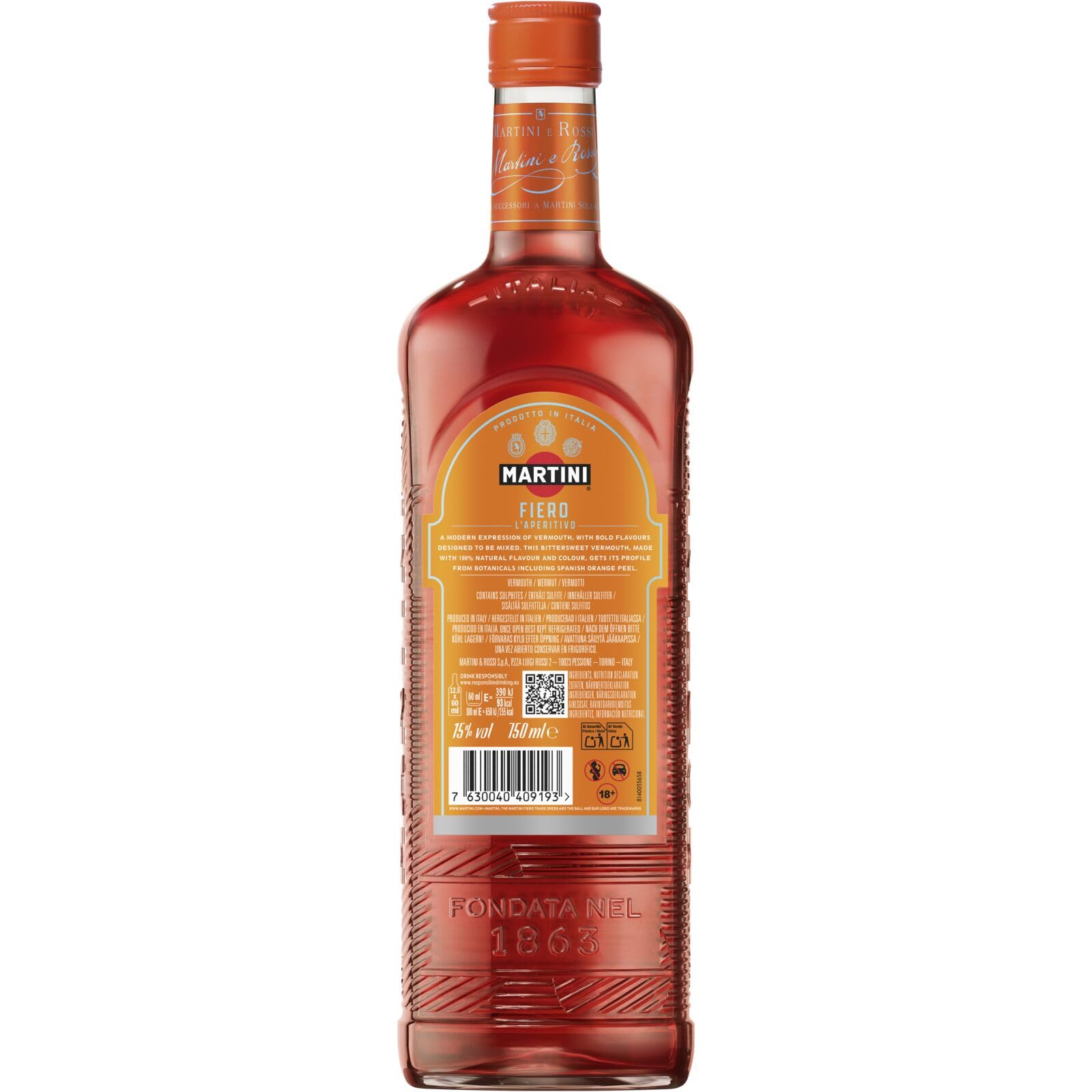 MARTINI Fiero Vermouth Aperitivo, 15% ABV, 75cl / 750ml, Aperitivo Dulce con Infusión de Cáscaras de Naranja Cortadas a Mano
