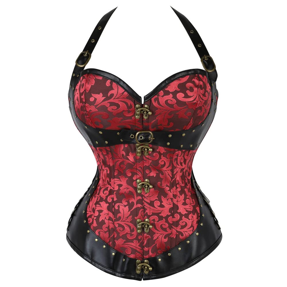 Corsetto,Donne Scollo All'Americana Corsetto Retrò Top Jacquard Cuciture Gotiche In Pelle Indietro Lacci Corsetto Steampunk Overbust Bustier Body Shaper Lingerie Cosplay Corsetto Disossato,Rosso,Xx