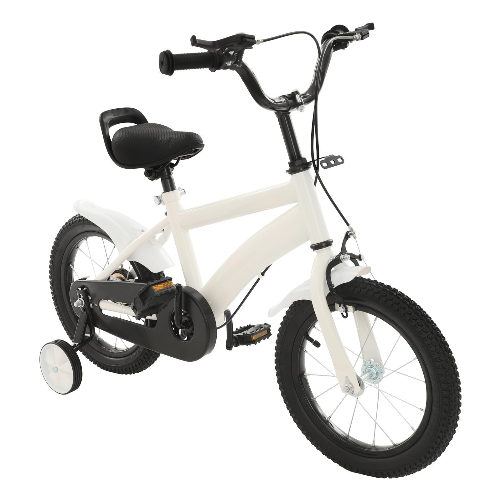 Eieblek 14 Inch Kids Bike, Sport Bike, Beginner Bike with Stabilisers, Bell, Fenders, Adjustable Seats and Armrests, Road Bicycle for Boys and Girls (White)