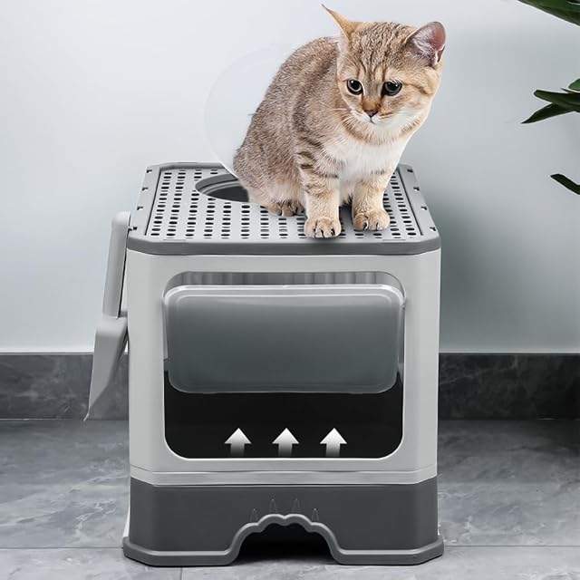 Foto 7 de 8 de OHMG Caja de arena para gatos con tapa, incluye pala, bandeja extraíble, 2 aberturas, fondo antigoteo