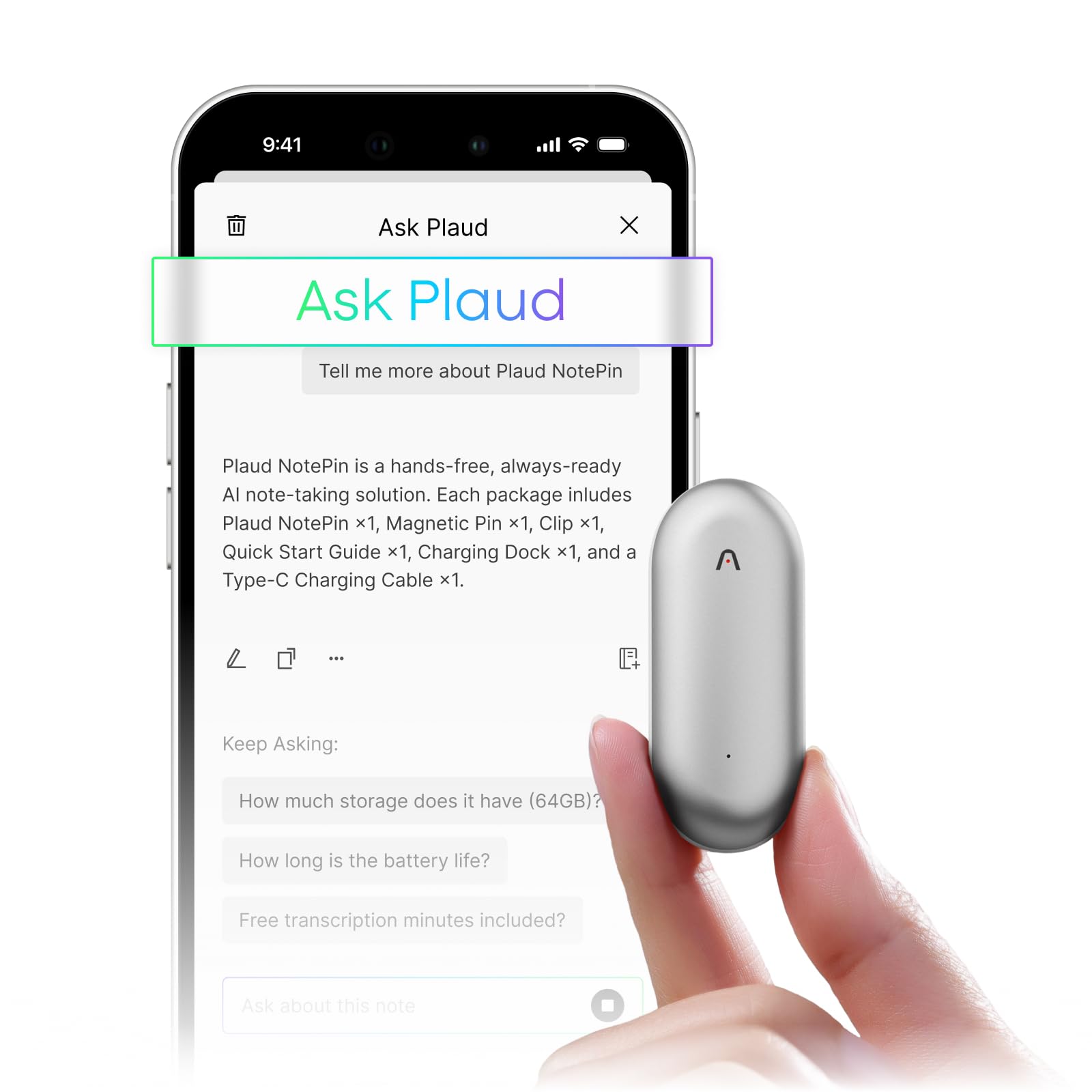 Plaud NotePin Voice Recorder, AI Voice Recorder, App Control, AI Notetaker, AI Transcribe & Summarize, Support 112 Languages, 64GB Memory, Audio Recorder for Lectures, Meetings, Lunar Silver